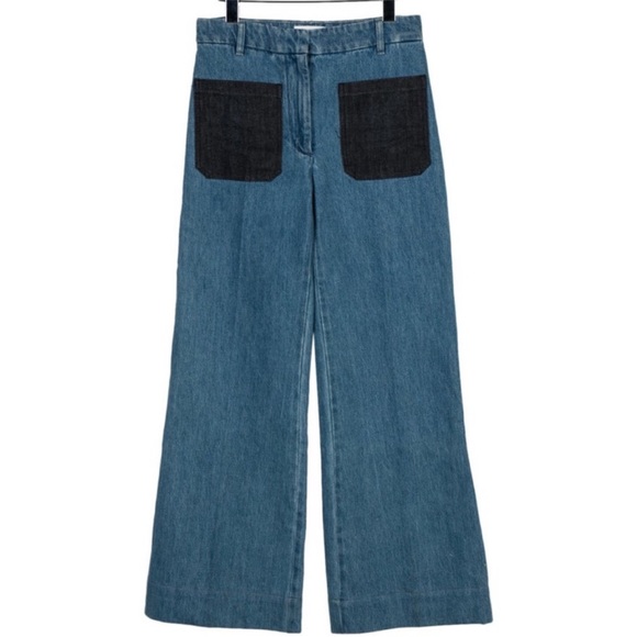 Victoria Beckham Blue Wide Leg Jeans with navy and red stitching Pockets